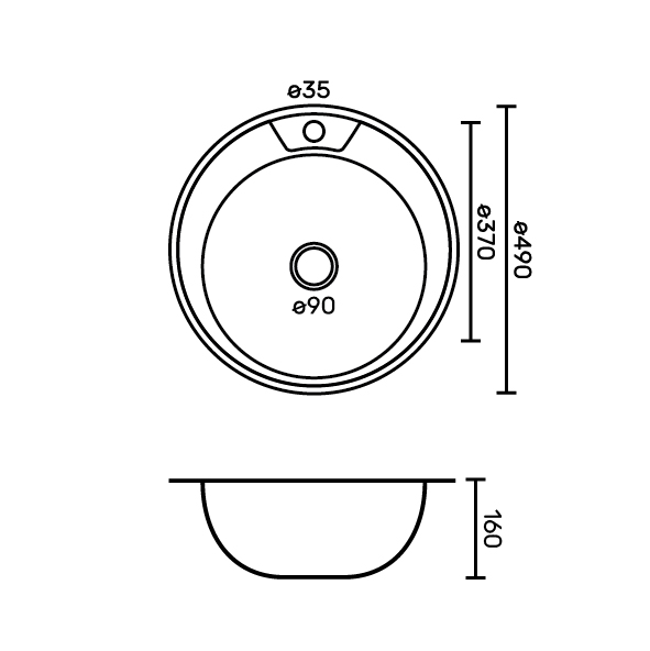 FABIA - Мойка врезная круглая, d = 49 см, из нержавеющей стали, толщина 0,4 мм, глубина 160 мм, без крепежей, с сифоном