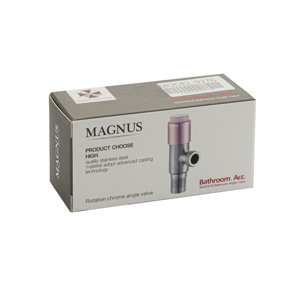 MAGNUS - Кран  угловой с фильтром, 1/2"х1/2", матовый, с кнопочным включением розовая ручка, с отражателем, из нержавеющей стали марки 304