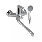 Смеситель для ванны с длинным, плоским изливом, шаровый, с дивертором м/к на корпусе, цвет ХРОМ.