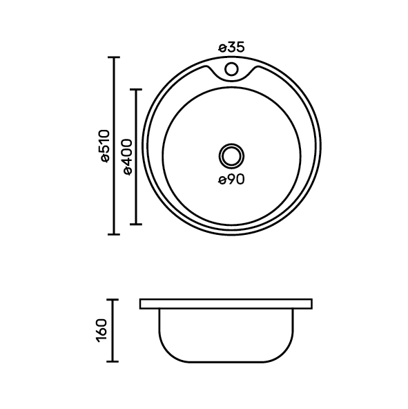 FABIA - Мойка врезная, круглая d = 51 см из нержавеющей стали толщина 0,8 мм глубина 160 мм + большой сифон с переливом