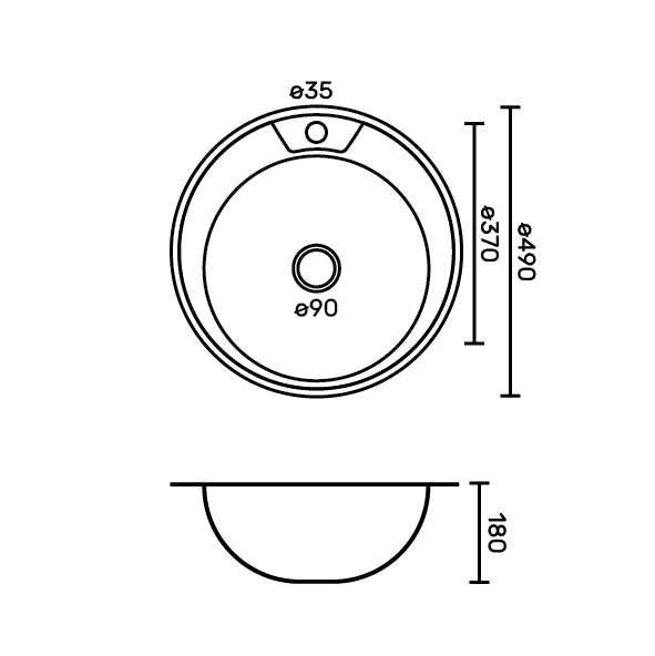 FABIA - Мойка врезная круглая, d = 49 см, из нержавеющей стали, ЗОЛОТО, толщина 0,8 мм, глубина 180 мм + большой сифон с переливом
