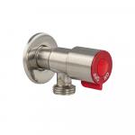 Кран металлокерамика угловой 1/2"х1/2", ручка КРАСНЫЙ флажок, с отражателем, из нержавеющей стали, цвет САТИН.