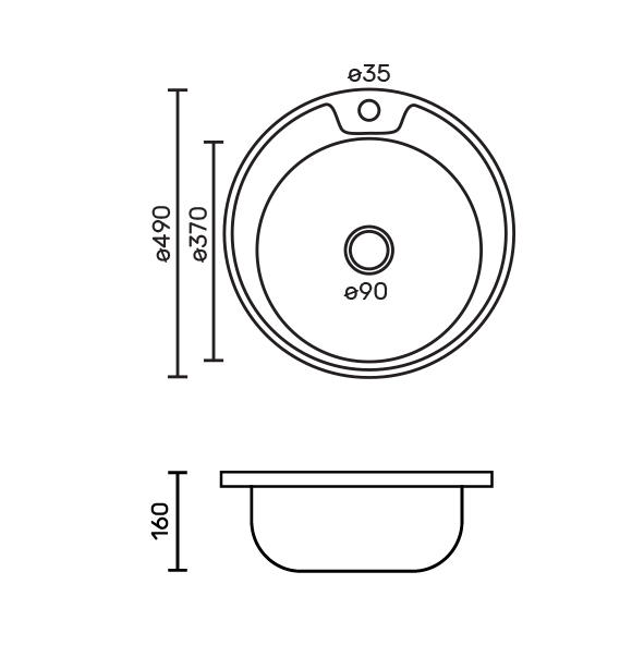 FABIA - Мойка врезная круглая, d = 49 см, из нержавеющей стали, толщина 0,8 мм, глубина 160 мм + большой сифон с переливом