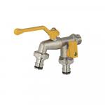 Кран водоразборный 1/2" двойной, ручка "рычаг" жёлтая.