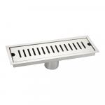 Трап линейный 300 х 100 мм, вертикальный выпуск с гидрозатвором, с верхним бортиком, из нержавеющей стали марки SUS 304, цвет САТИН.